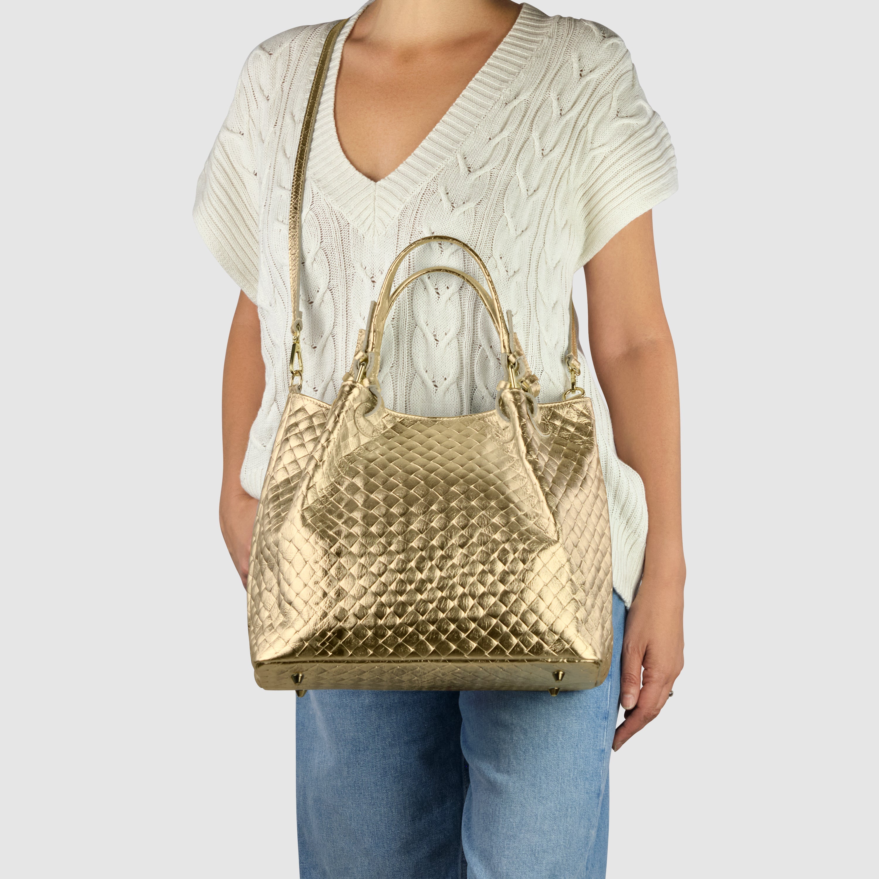 Weave Metallic Suede Leather Top-handle Bag
