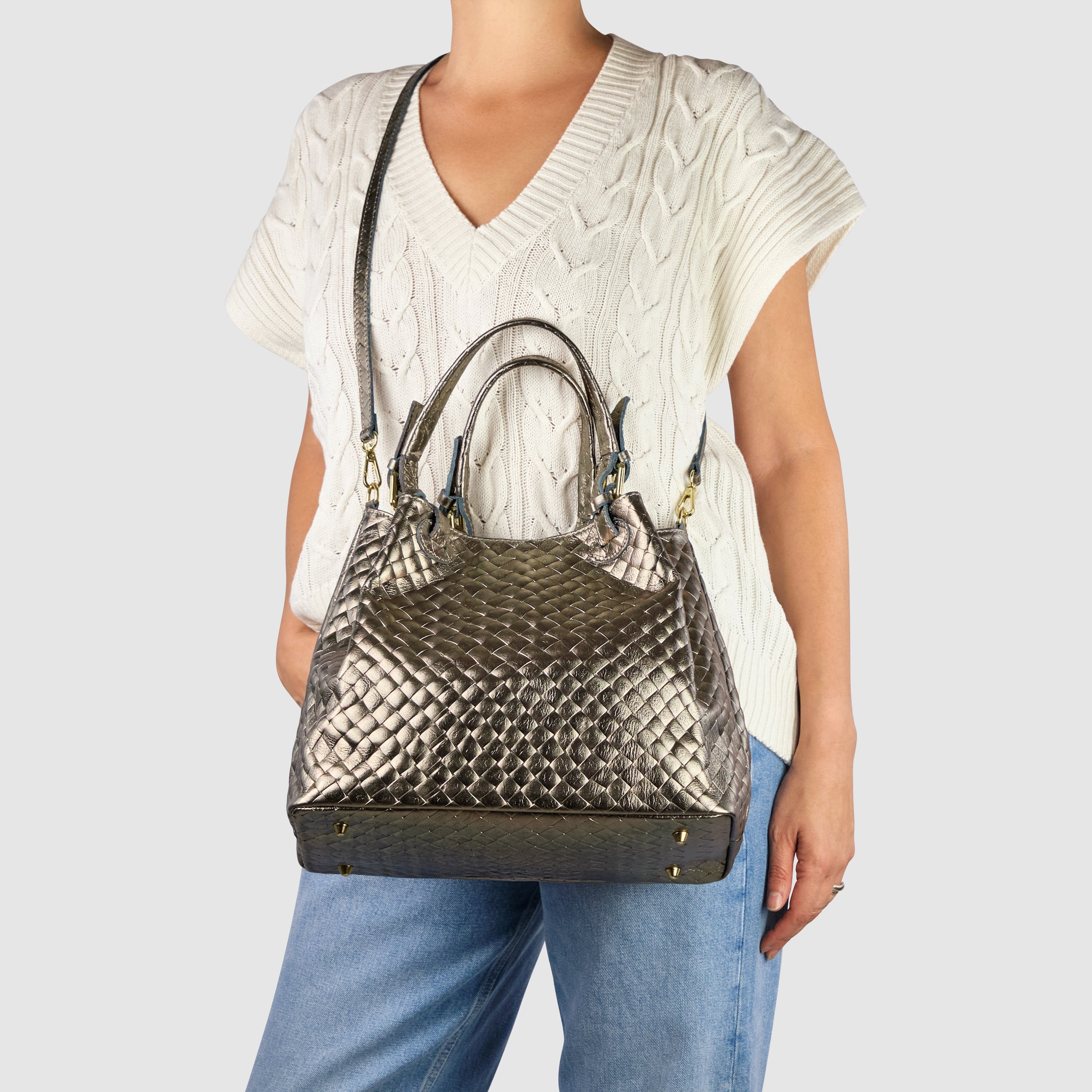 Weave Metallic Suede Leather Top-handle Bag