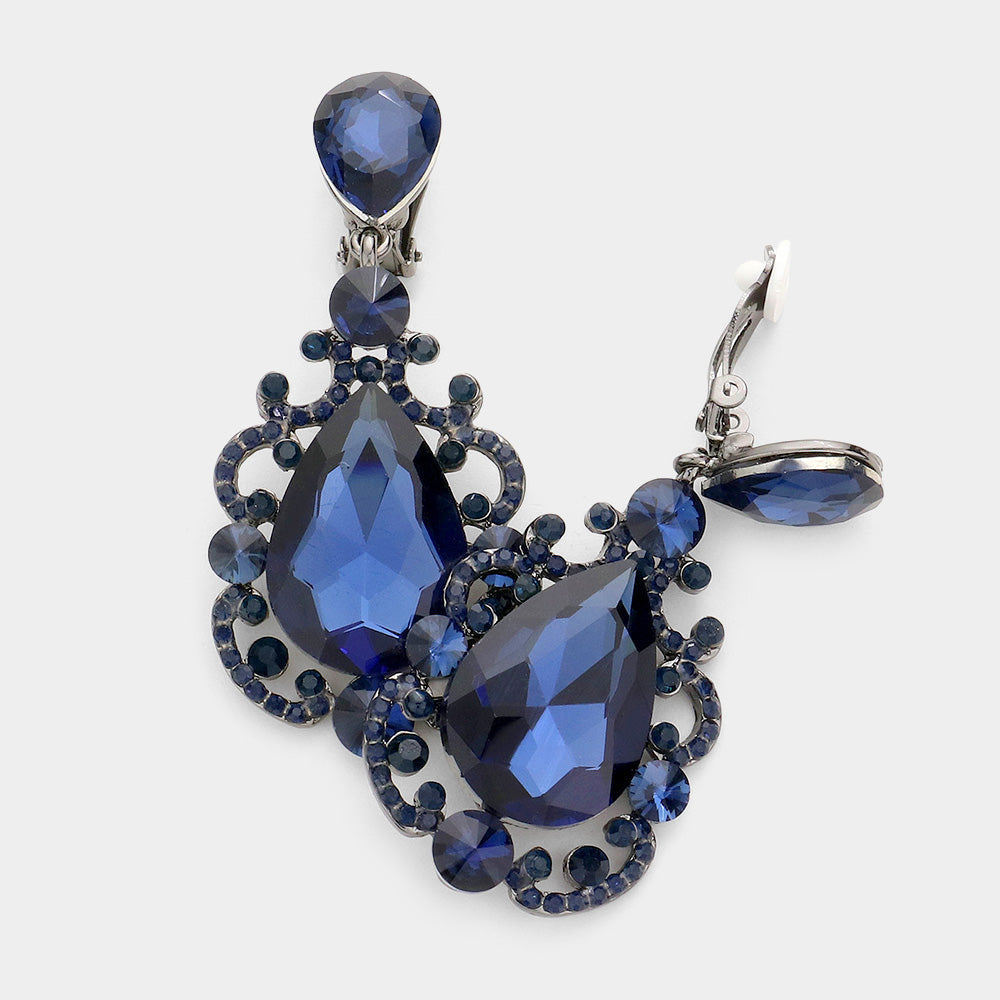 Teardrop Crystal Dangle Evening Clip On Earrings