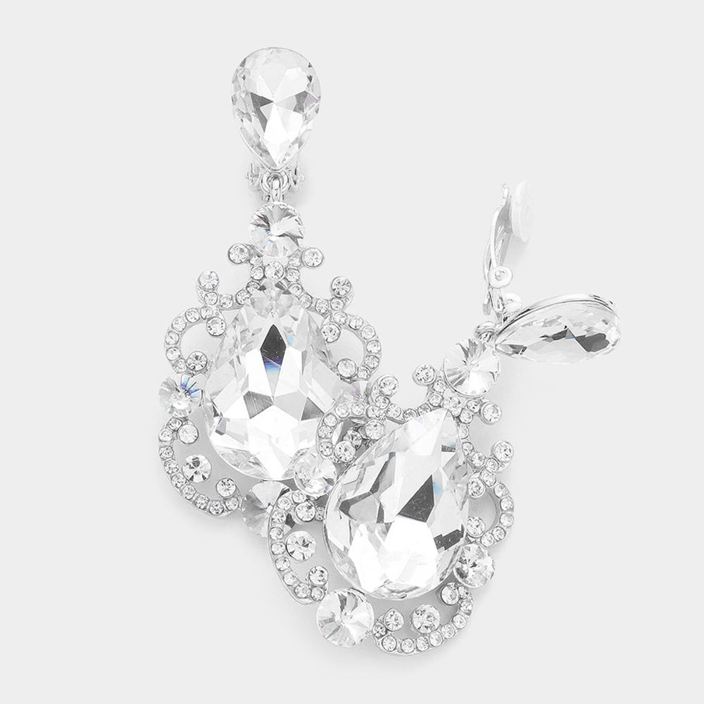 Teardrop Crystal Dangle Evening Clip On Earrings