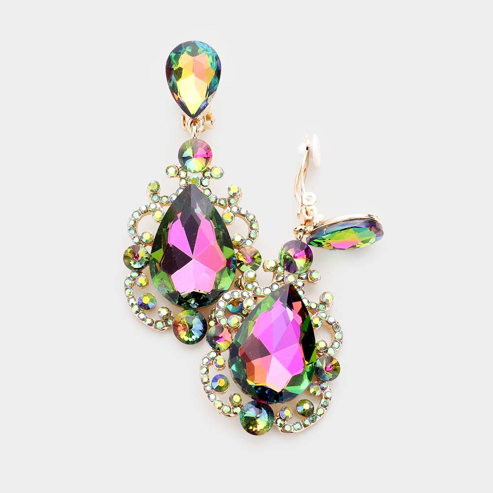 Teardrop Crystal Dangle Evening Clip On Earrings
