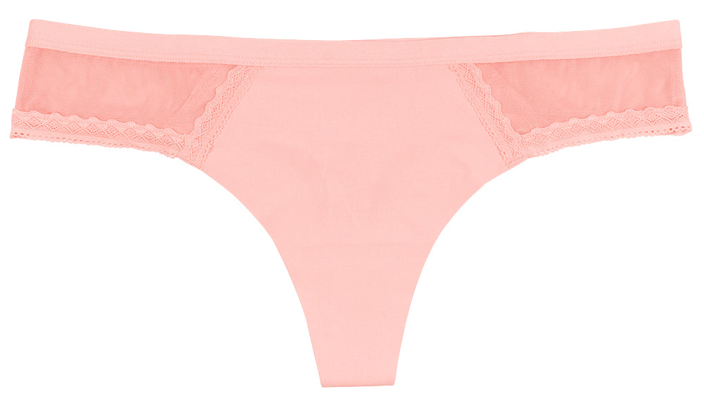 Pink Laser Cut Thong With Mesh And Lace
