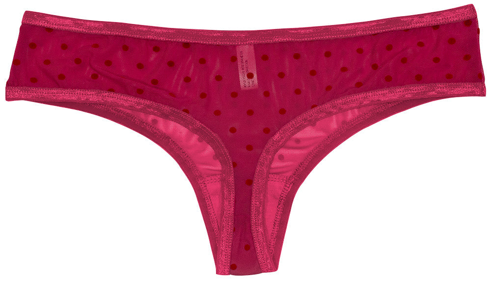 Polka Dot Mesh Thong With Satin Trim