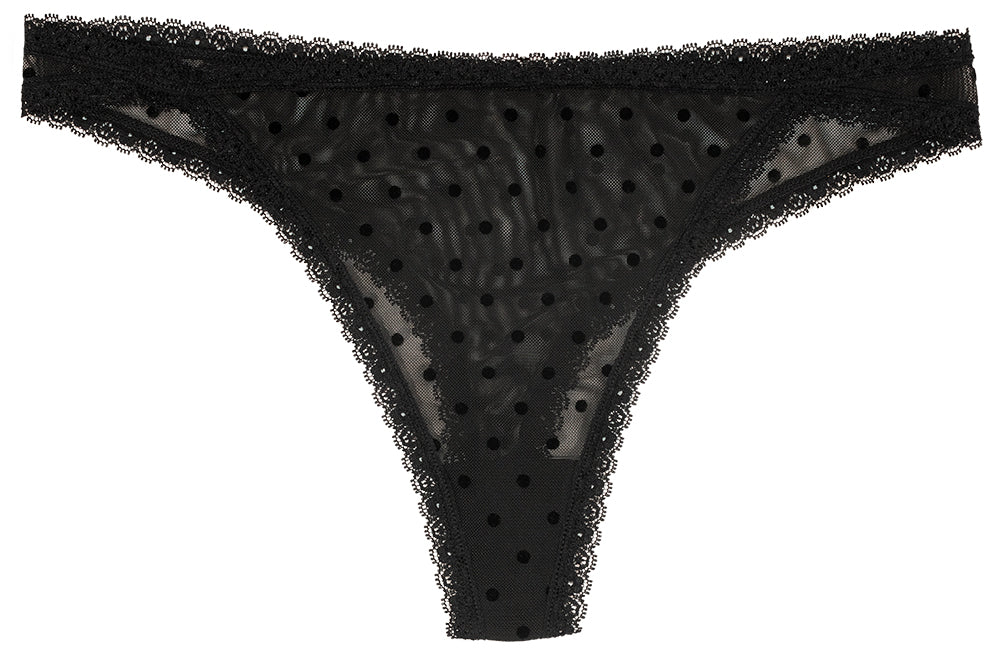 Flocked Polka Dot Mesh Thong With Lace Details