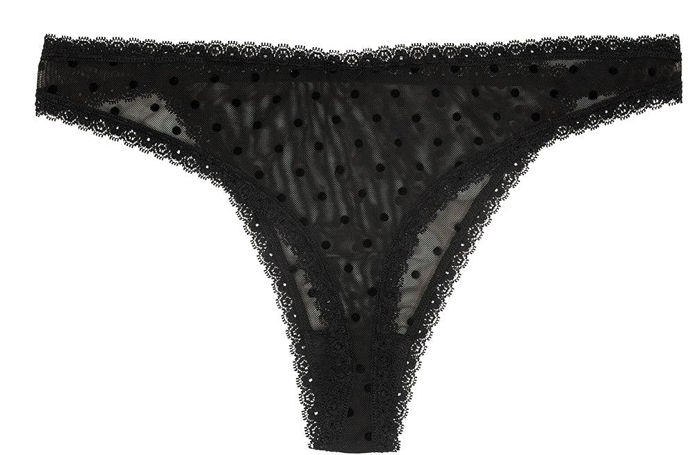 Flocked Polka Dot Mesh Thong With Lace Details