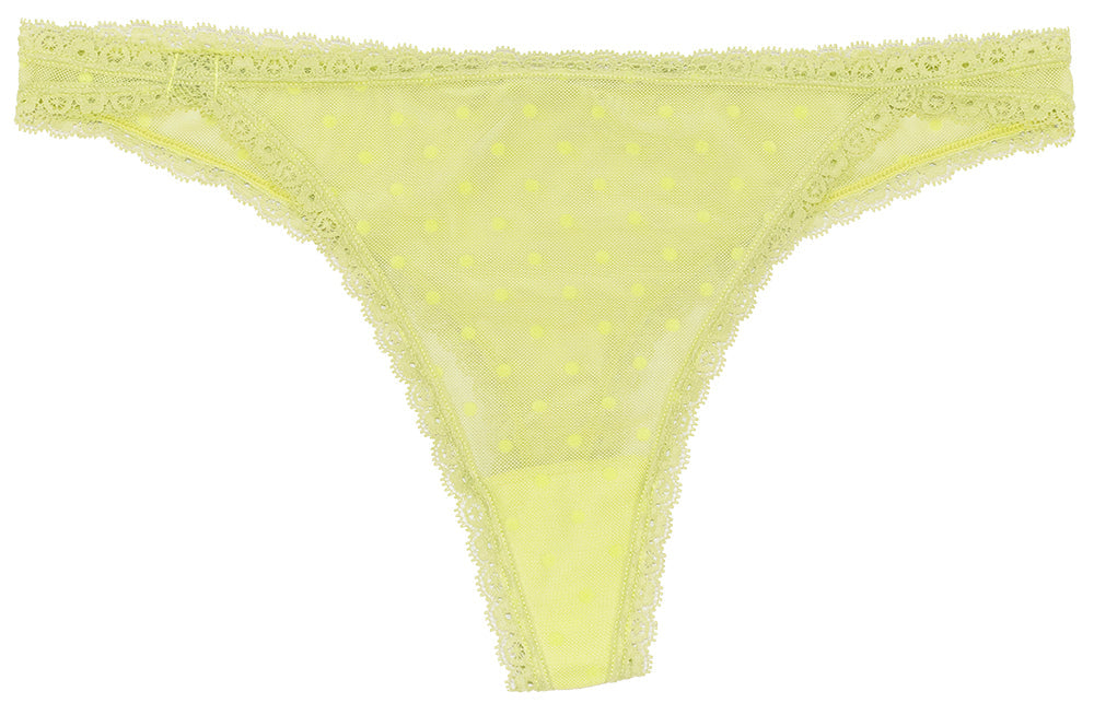Flocked Polka Dot Mesh Thong With Lace Details
