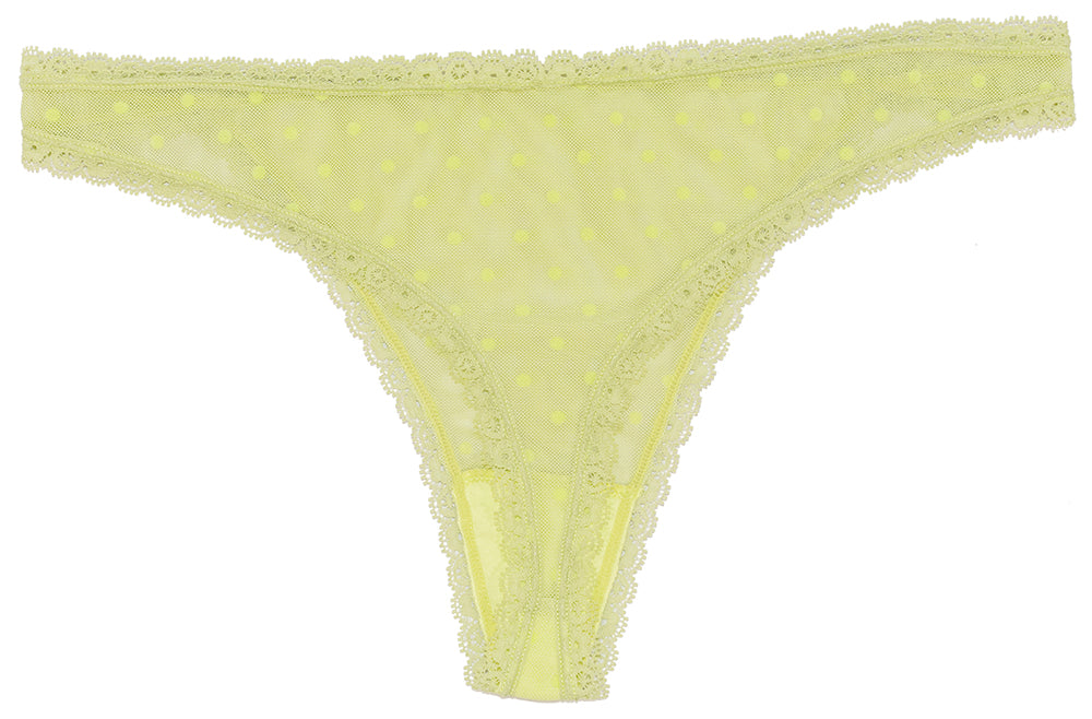 Flocked Polka Dot Mesh Thong With Lace Details