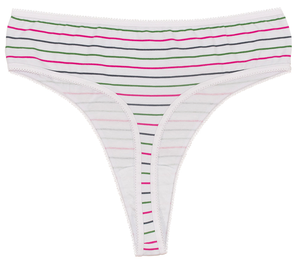 Printed Cotton High Waist Thong With Picot Trim