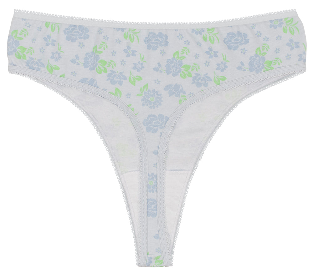 Printed Cotton High Waist Thong With Picot Trim
