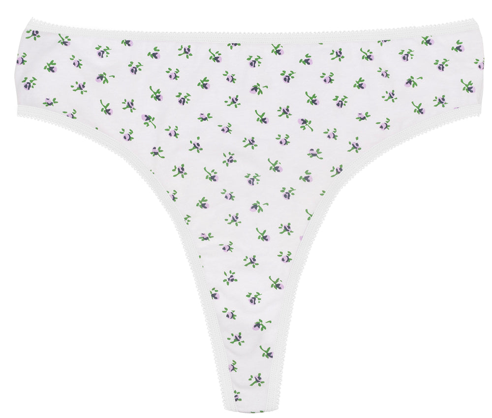 Printed Cotton High Waist Thong With Picot Trim