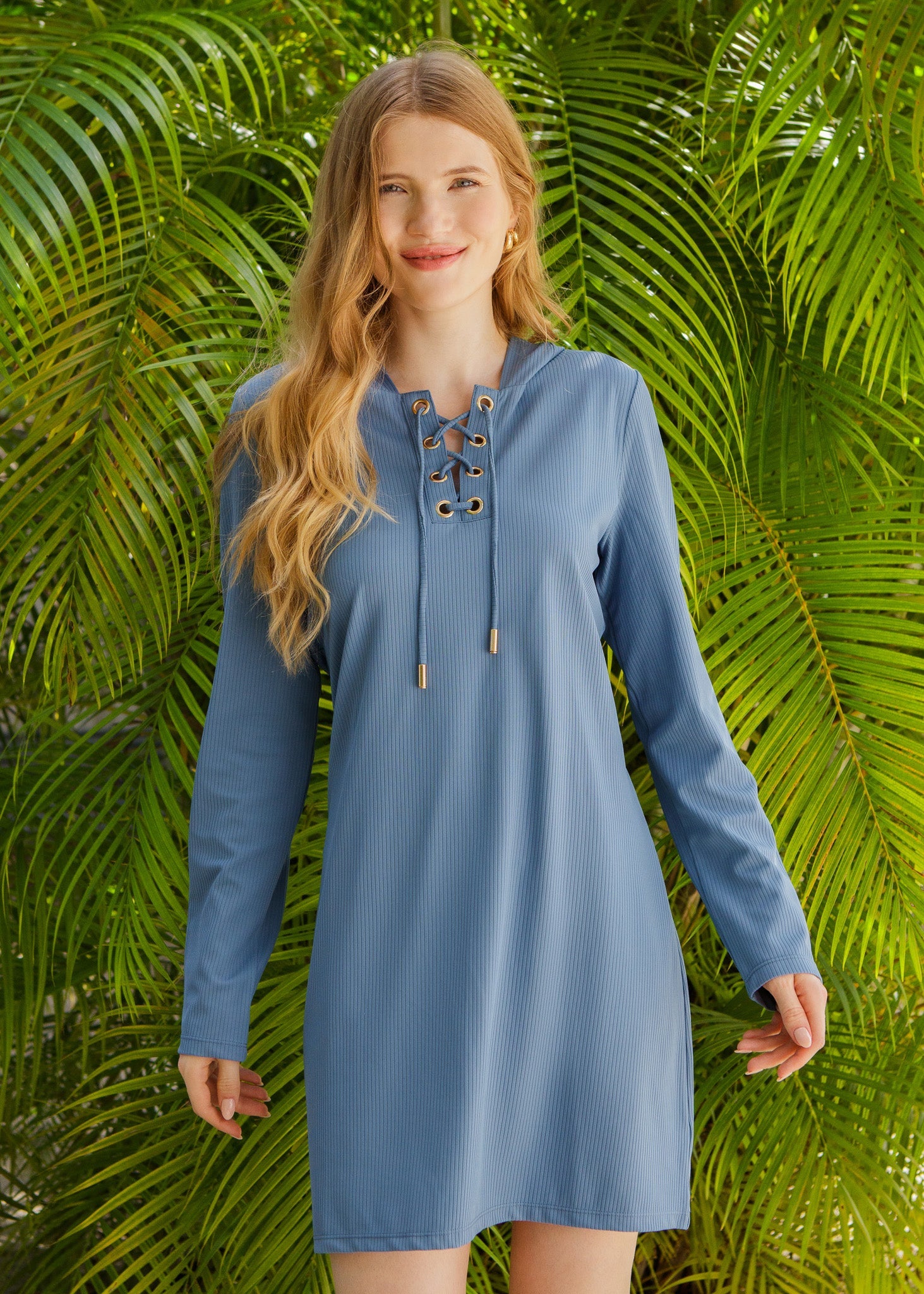 Blue Ribbed Hooded Cover Up