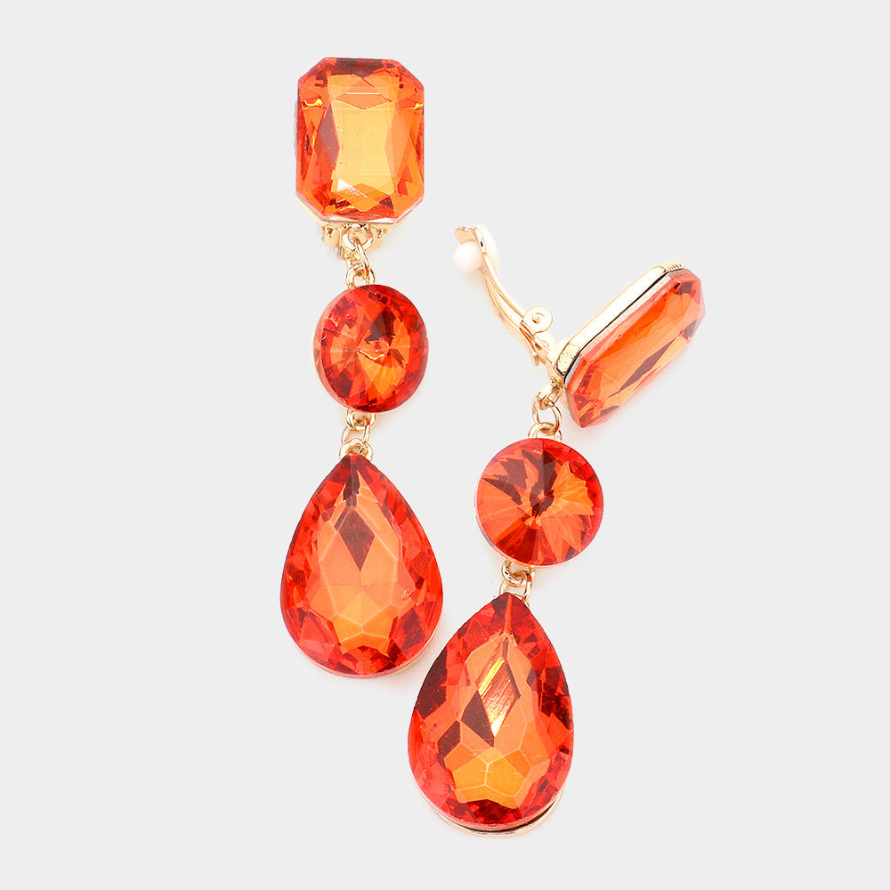 Triple Glass Crystal Drop Clip On Earrings