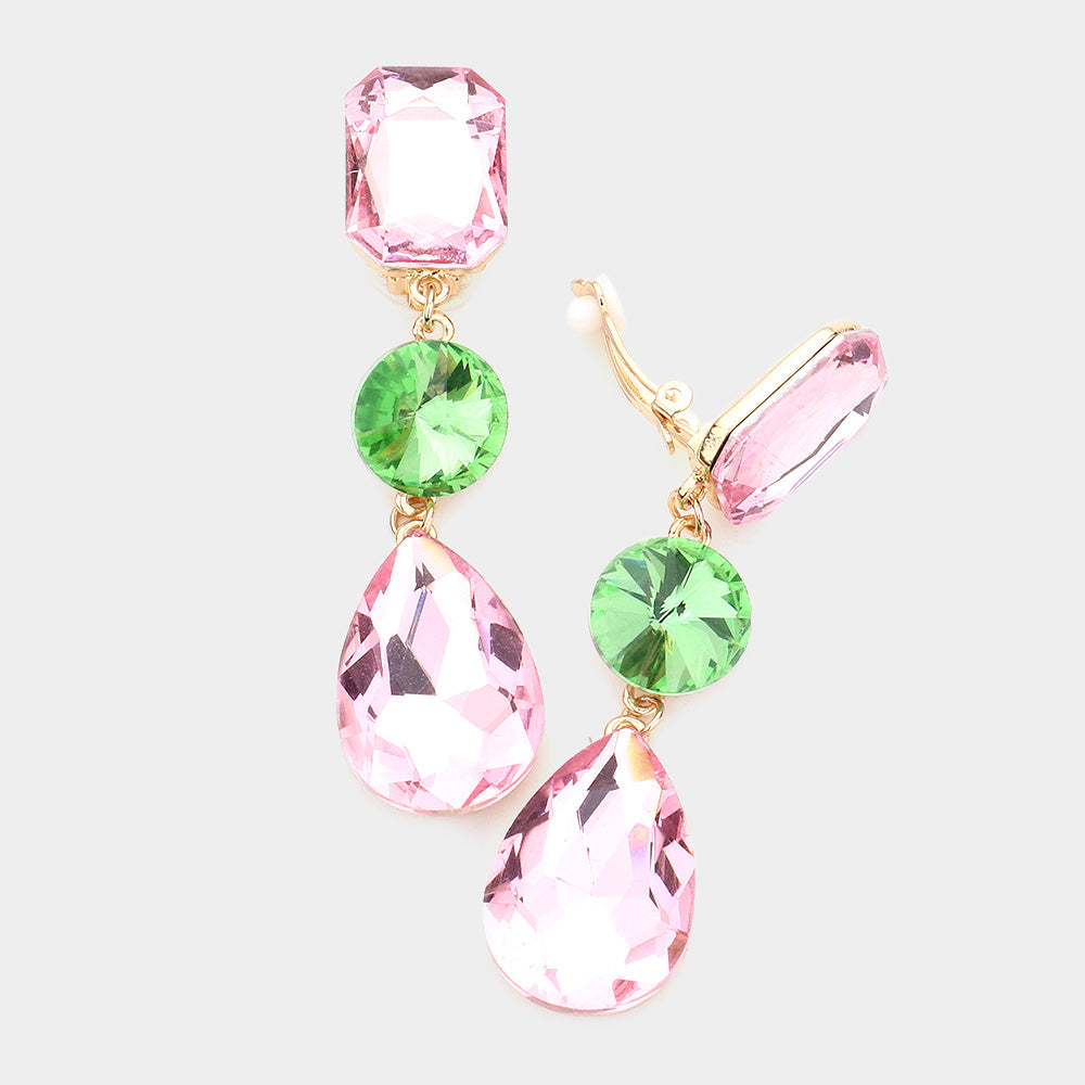 Triple Glass Crystal Drop Clip On Earrings