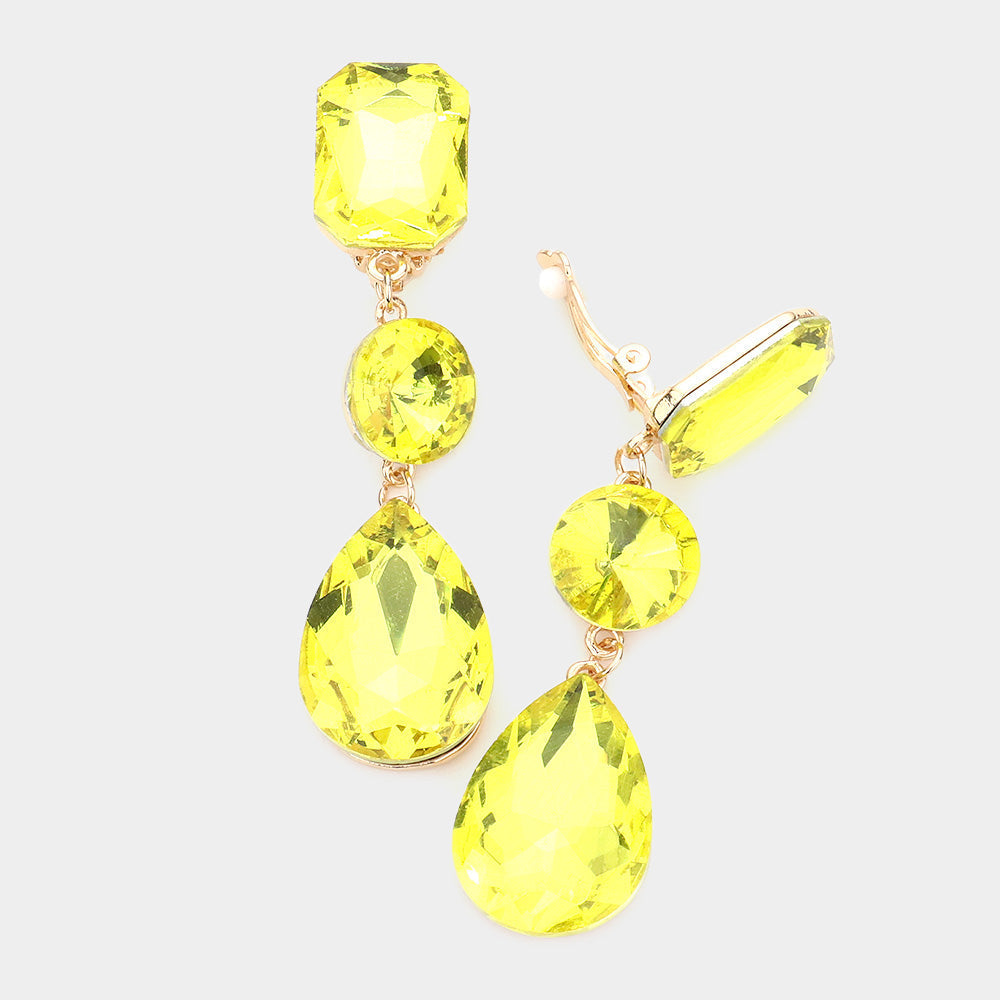 Triple Glass Crystal Drop Clip On Earrings