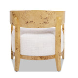Upholstered Burled Wood Arm Chair with Wood Frame and Curved Back
