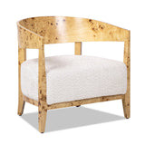 Upholstered Burled Wood Arm Chair with Wood Frame and Curved Back
