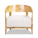 Upholstered Burled Wood Arm Chair with Wood Frame and Curved Back