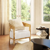 Upholstered Burled Wood Arm Chair with Wood Frame and Curved Back