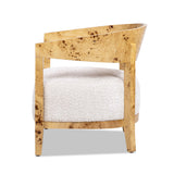 Upholstered Burled Wood Arm Chair with Wood Frame and Curved Back