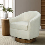 Upholstered Swivel Chair with Wood Base and Curved Back