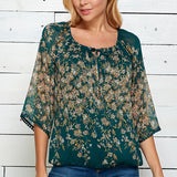 3/4 Length Lace Trim Sleeve Bubble Blouse