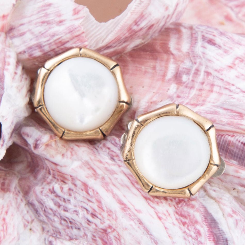 White Mother Of Pearl Golden Bamboo Clip Earrings