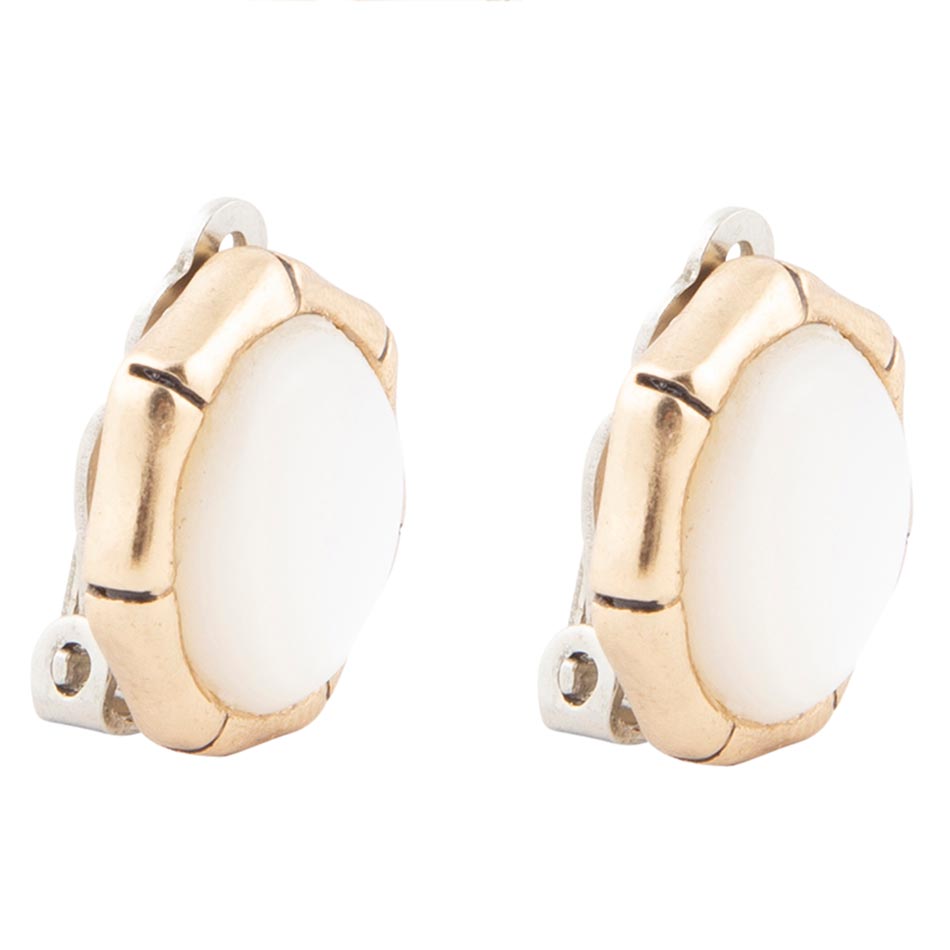 White Mother Of Pearl Golden Bamboo Clip Earrings