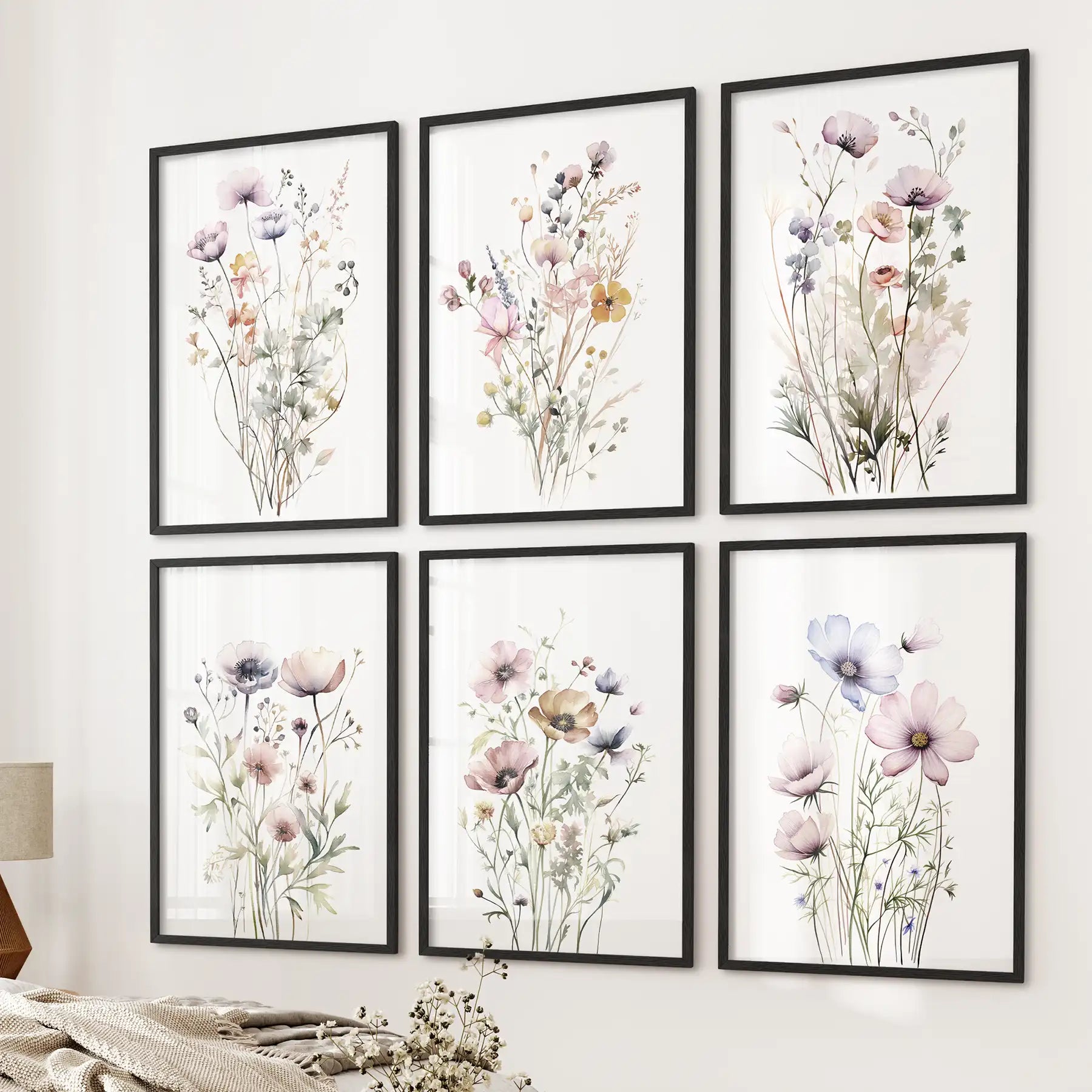 Botanical Watercolor Meadow Flowers 6 Piece Art Set