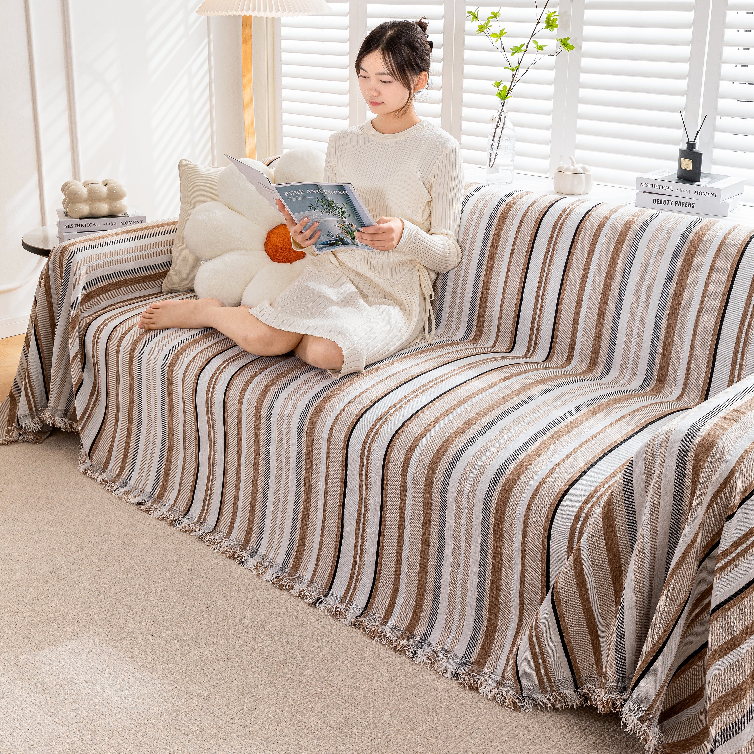 Modern Minimalist Sofa Throw Cover Cotton Knit Throws For Couch Scratch Proof Couch Cover