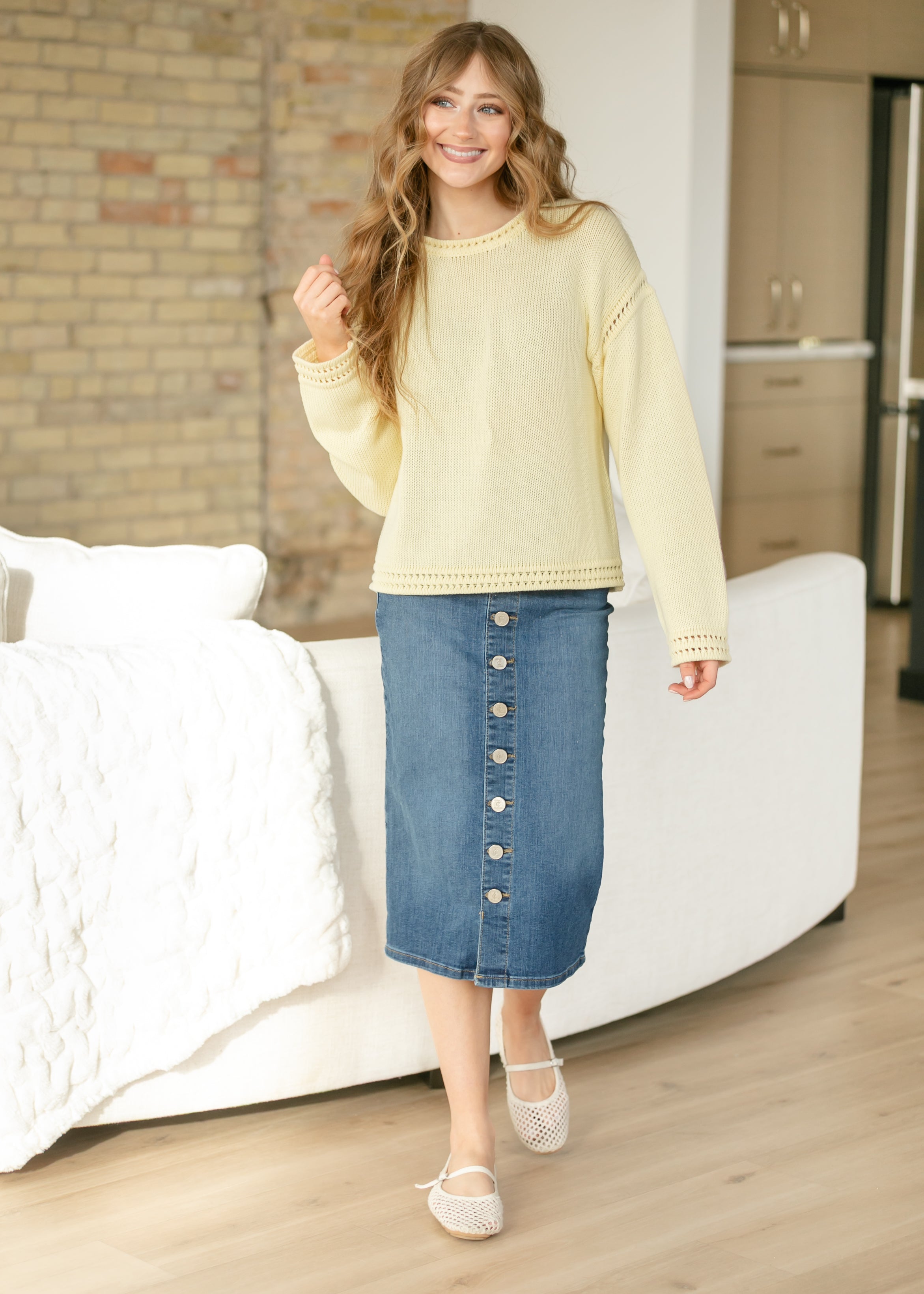 Zana Front Button Denim Midi Skirt